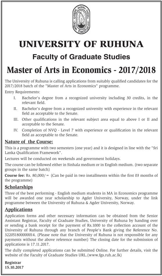 Master of Arts in Economics (2017/2018) - Faculty of Graduate Studies - University of Ruhuna